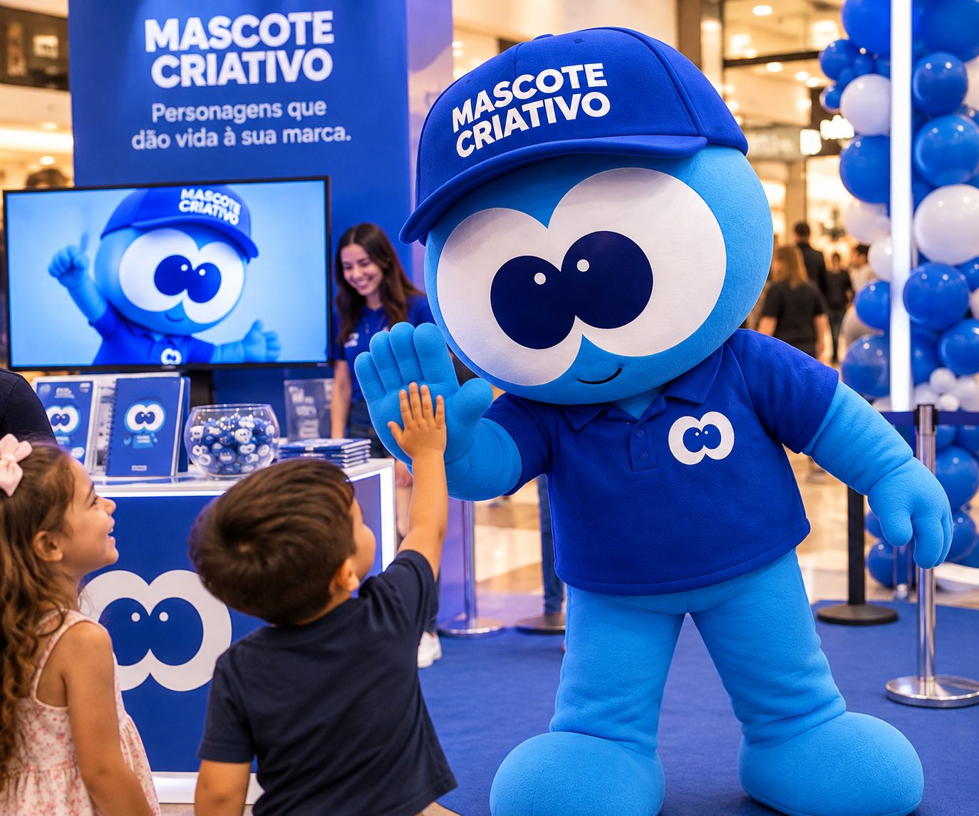 Mascote azul cumprimentando crianças em um evento corporativo com painel da marca