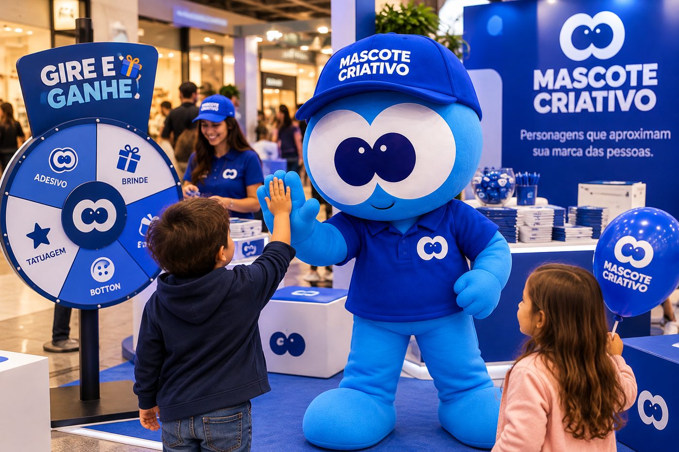 Mascote azul dando tchau para uma criança em uma ativação dentro de um shopping