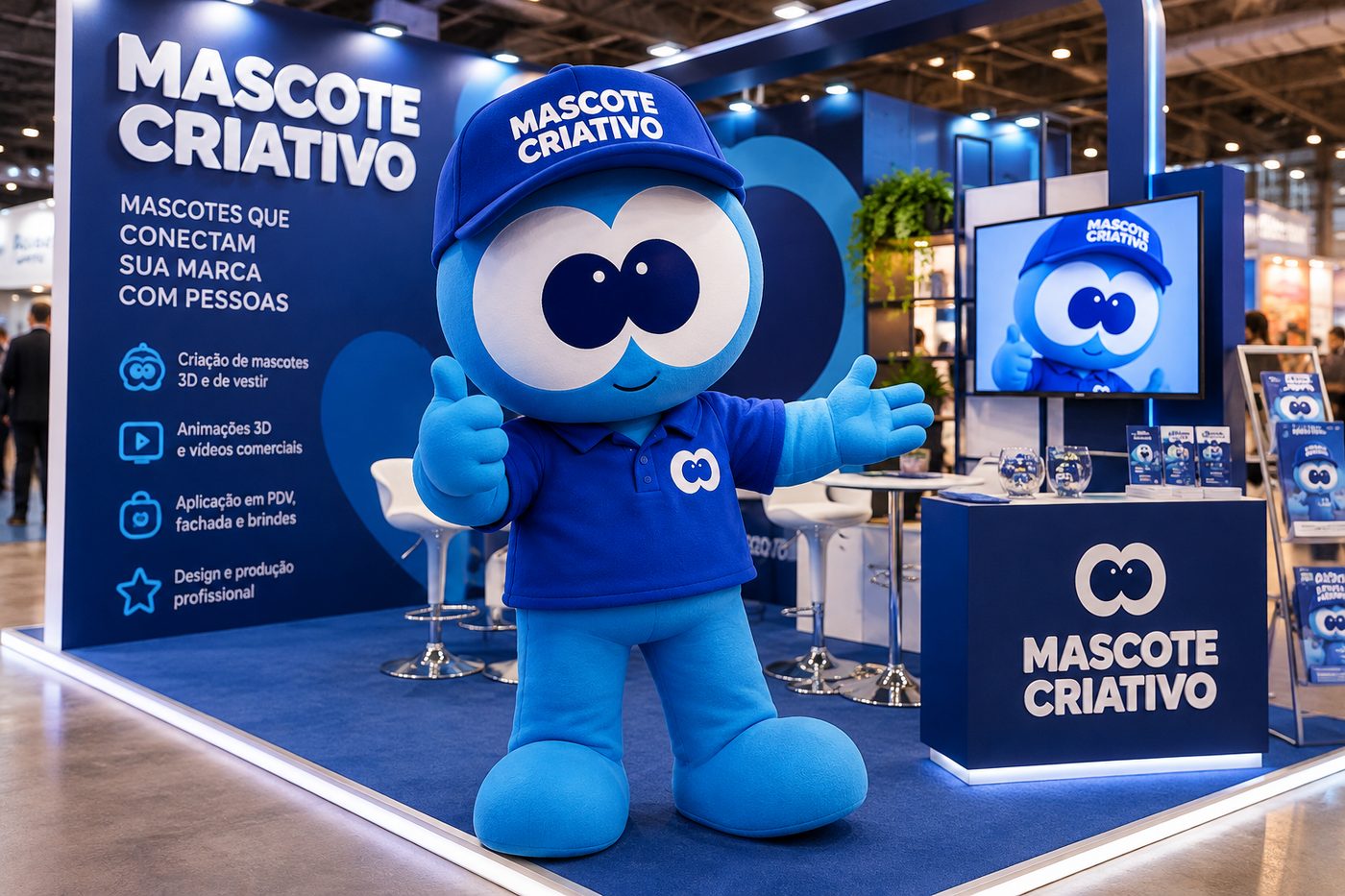 Mascote azul acenando em um estande de feira com painel da marca