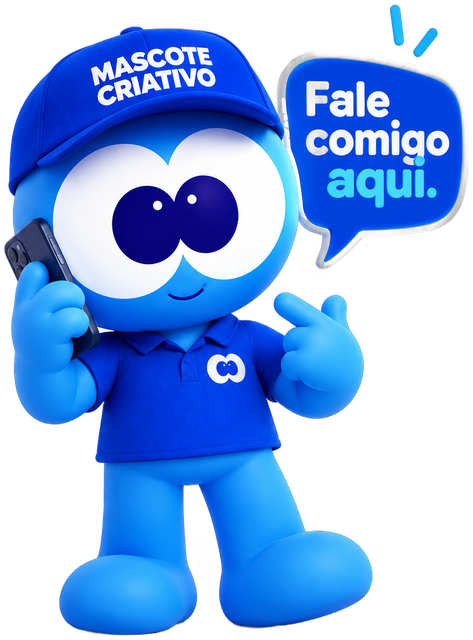 Mascote digital da Mascote Criativo dizendo: fale comigo aqui